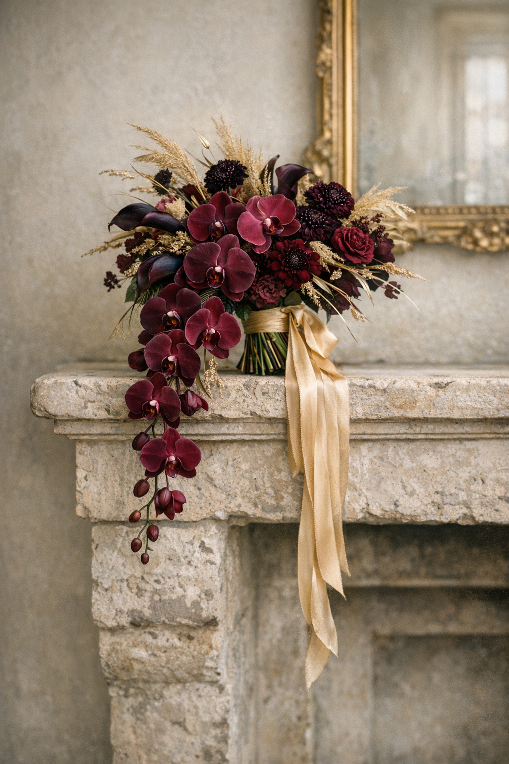 Deep red cascading bouquet with orchids and dahlias
